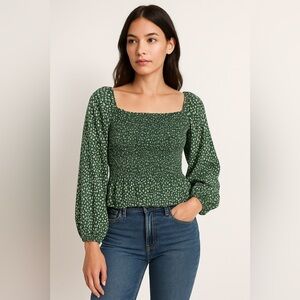 Abercrombie & Fitch Green Floral Smocked Crop Top Puff Sleeve Size S